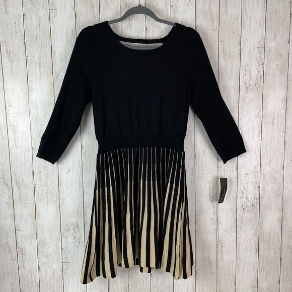 BCX Mini Dress Sz XL Black Gold Metallic Keyhole Back Sweater Dress NWT - Picture 1 of 11